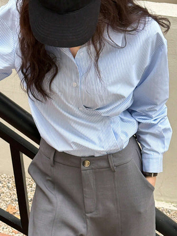 DAZY Women's Loose Asymmetrical Tie-Up Striped Long Sleeve Blouse With Collar