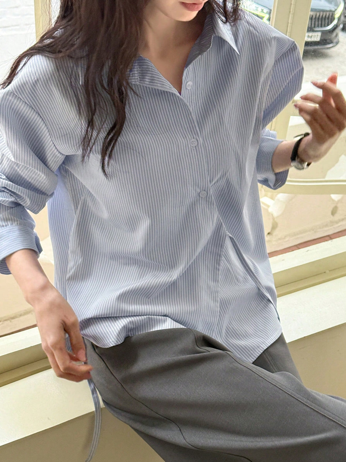 DAZY Women's Loose Asymmetrical Tie-Up Striped Long Sleeve Blouse With Collar