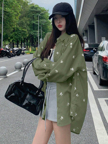 DAZY Women's Loose Butterfly Pattern Drop Shoulder Long Sleeve Casual Shirt