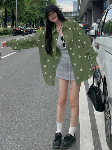 DAZY Women's Loose Butterfly Pattern Drop Shoulder Long Sleeve Casual Shirt