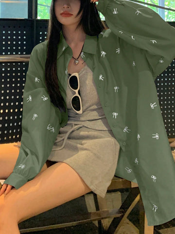 DAZY Women's Loose Butterfly Pattern Drop Shoulder Long Sleeve Casual Shirt