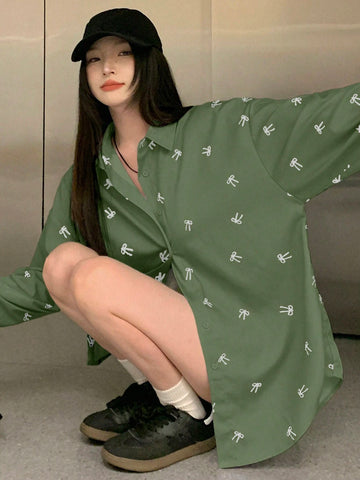 DAZY Women's Loose Butterfly Pattern Drop Shoulder Long Sleeve Casual Shirt