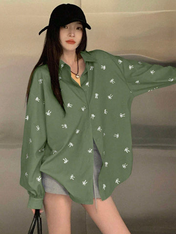 DAZY Women's Loose Butterfly Pattern Drop Shoulder Long Sleeve Casual Shirt