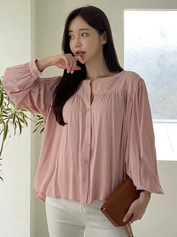 DAZY Women's Loose Casual Solid Color Lantern Sleeve Blouse