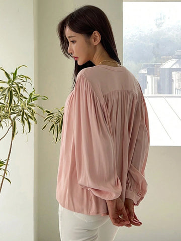 DAZY Women's Loose Casual Solid Color Lantern Sleeve Blouse