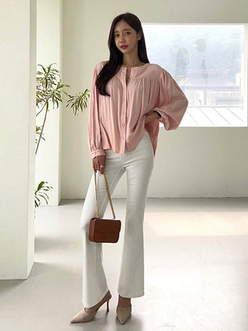 DAZY Women's Loose Casual Solid Color Lantern Sleeve Blouse