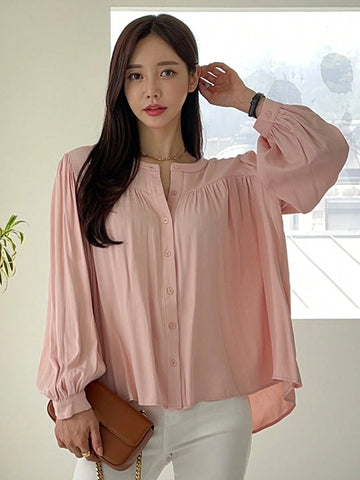 DAZY Women's Loose Casual Solid Color Lantern Sleeve Blouse