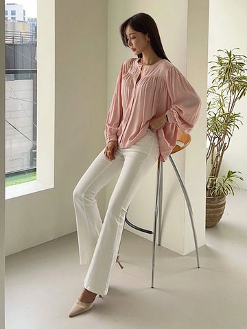 DAZY Women's Loose Casual Solid Color Lantern Sleeve Blouse