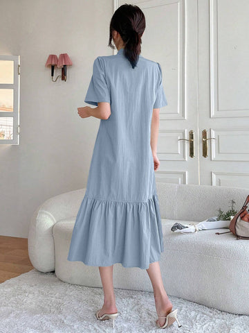 DAZY Women's Loose Fit Bubble Sleeve Dress With Pointed Collar, Single Breasted Closure, Fish-Tail Hemline And Knee-Length Cut For Summer