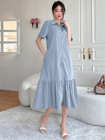 DAZY Women's Loose Fit Bubble Sleeve Dress With Pointed Collar, Single Breasted Closure, Fish-Tail Hemline And Knee-Length Cut For Summer