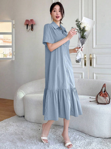 DAZY Women's Loose Fit Bubble Sleeve Dress With Pointed Collar, Single Breasted Closure, Fish-Tail Hemline And Knee-Length Cut For Summer