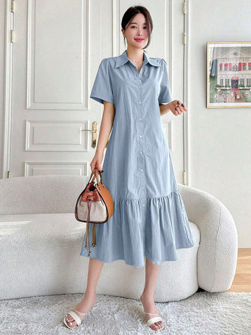 DAZY Women's Loose Fit Bubble Sleeve Dress With Pointed Collar, Single Breasted Closure, Fish-Tail Hemline And Knee-Length Cut For Summer
