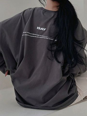 DAZY Women's Loose Fit Drop Shoulder Tee With Slogan Print