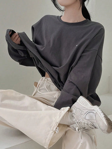 DAZY Women's Loose Fit Drop Shoulder Tee With Slogan Print