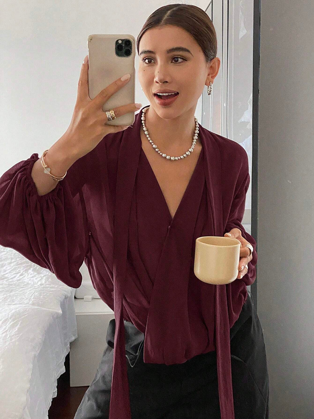 DAZY Women's Loose Fit Solid Color Long Sleeve Tie Blouse