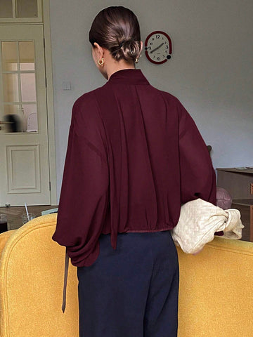 DAZY Women's Loose Fit Solid Color Long Sleeve Tie Blouse