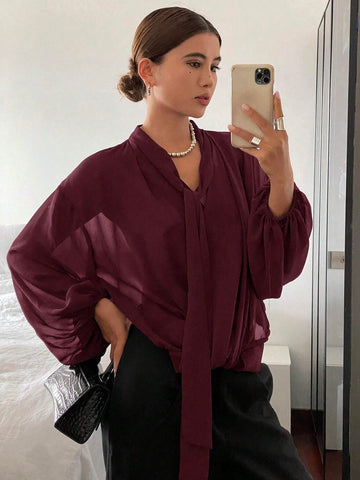 DAZY Women's Loose Fit Solid Color Long Sleeve Tie Blouse