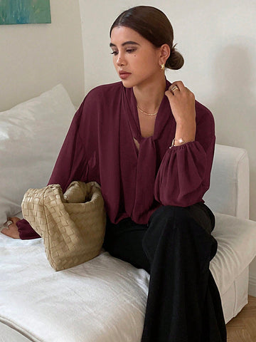 DAZY Women's Loose Fit Solid Color Long Sleeve Tie Blouse