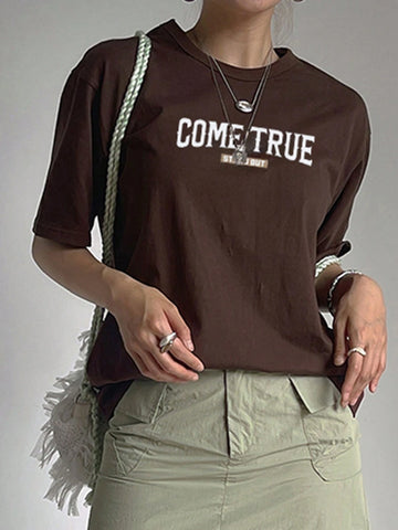 DAZY Women's Loose Short Sleeve Round Neck T-Shirt With Large Floral Print