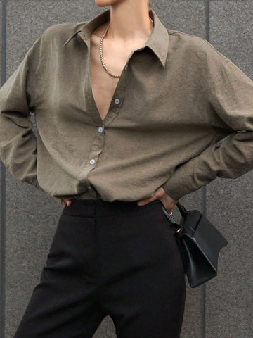DAZY Women's Loose Solid Color Long Sleeve Collared Shirt