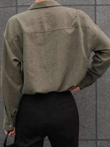 DAZY Women's Loose Solid Color Long Sleeve Collared Shirt