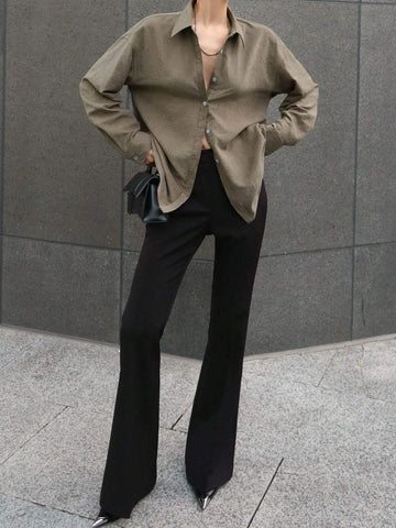 DAZY Women's Loose Solid Color Long Sleeve Collared Shirt