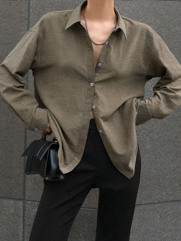 DAZY Women's Loose Solid Color Long Sleeve Collared Shirt