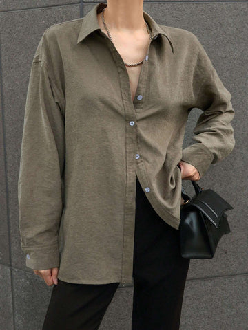 DAZY Women's Loose Solid Color Long Sleeve Collared Shirt