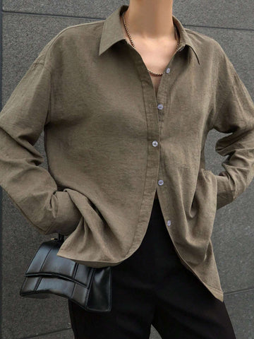 DAZY Women's Loose Solid Color Long Sleeve Collared Shirt