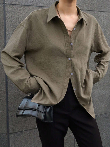 DAZY Women's Loose Solid Color Long Sleeve Collared Shirt