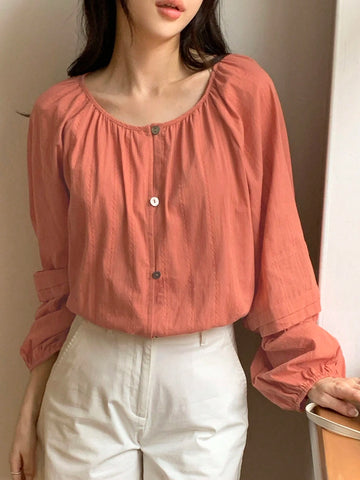 DAZY Women's Loose Solid Color Round Neck Long Sleeve Blouse