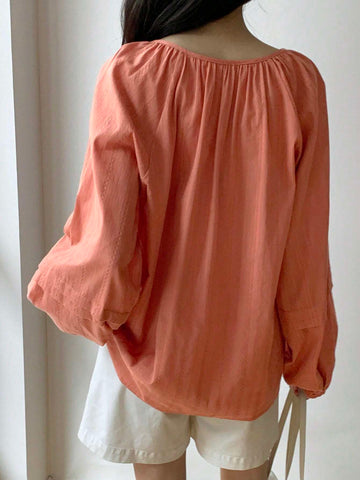 DAZY Women's Loose Solid Color Round Neck Long Sleeve Blouse