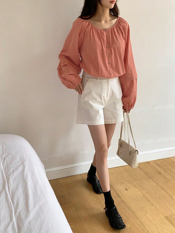 DAZY Women's Loose Solid Color Round Neck Long Sleeve Blouse