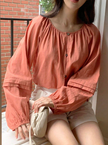 DAZY Women's Loose Solid Color Round Neck Long Sleeve Blouse