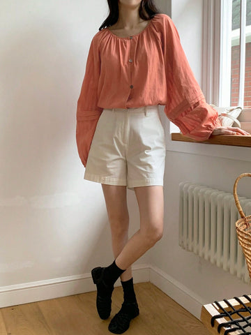 DAZY Women's Loose Solid Color Round Neck Long Sleeve Blouse