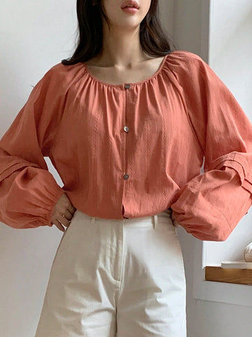 DAZY Women's Loose Solid Color Round Neck Long Sleeve Blouse