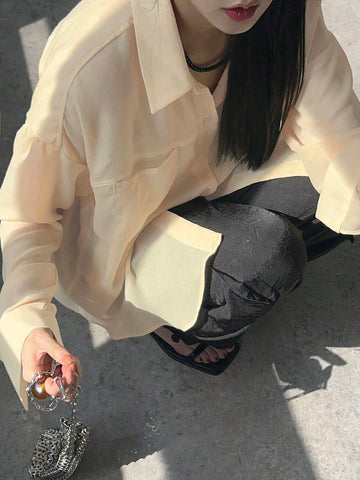 DAZY Women's Loose Solid Color Turndown Collar Pocket Casual Shirt, Spring/Autumn