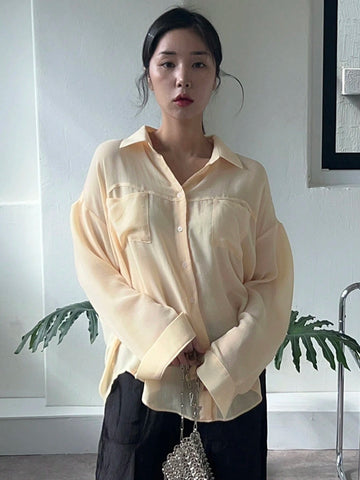 DAZY Women's Loose Solid Color Turndown Collar Pocket Casual Shirt, Spring/Autumn