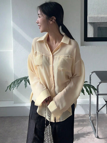 DAZY Women's Loose Solid Color Turndown Collar Pocket Casual Shirt, Spring/Autumn