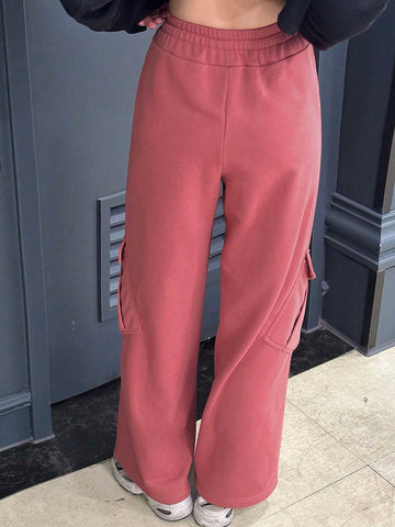 DAZY Women's Loose Solid Color Wide Leg Pants With Pockets & Elastic Waist