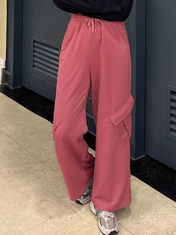 DAZY Women's Loose Solid Color Wide Leg Pants With Pockets & Elastic Waist