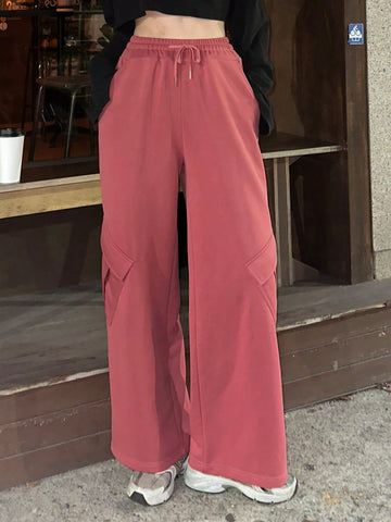 DAZY Women's Loose Solid Color Wide Leg Pants With Pockets & Elastic Waist