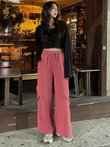 DAZY Women's Loose Solid Color Wide Leg Pants With Pockets & Elastic Waist