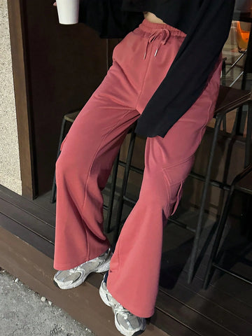 DAZY Women's Loose Solid Color Wide Leg Pants With Pockets & Elastic Waist