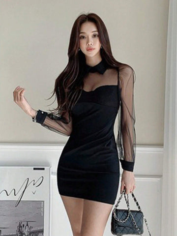 DAZY Women's Mesh Splicing Bodycon Dress With Puff Sleeves