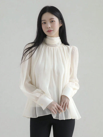 DAZY Women's Minimalist High Neck Long Sleeve Top, Casual Everyday Wear