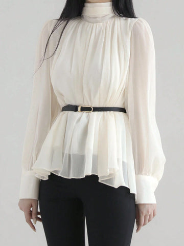 DAZY Women's Minimalist High Neck Long Sleeve Top, Casual Everyday Wear