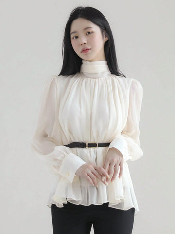 DAZY Women's Minimalist High Neck Long Sleeve Top, Casual Everyday Wear