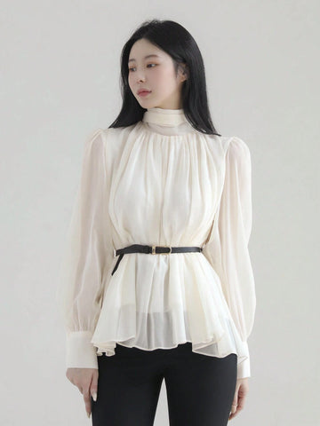 DAZY Women's Minimalist High Neck Long Sleeve Top, Casual Everyday Wear