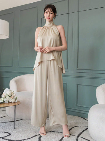 DAZY Women's Monochromatic V-Neck Sleeveless Camisole And Wide Leg Pants Two-Piece Set